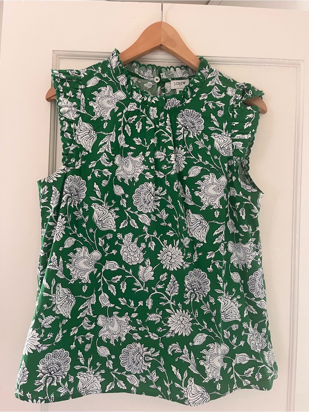 J. Crew Green and White Floral Ruffle Neck Sleeveless Blouse
